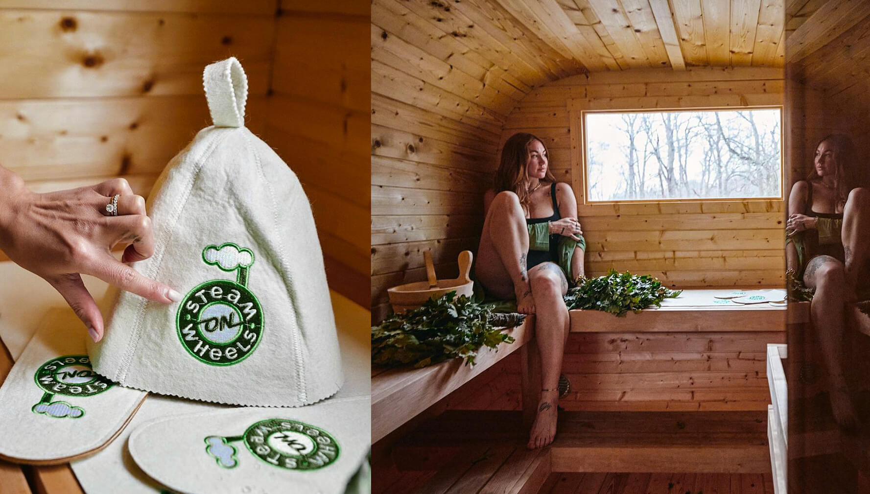 Sauna hats and Lady inside sauna